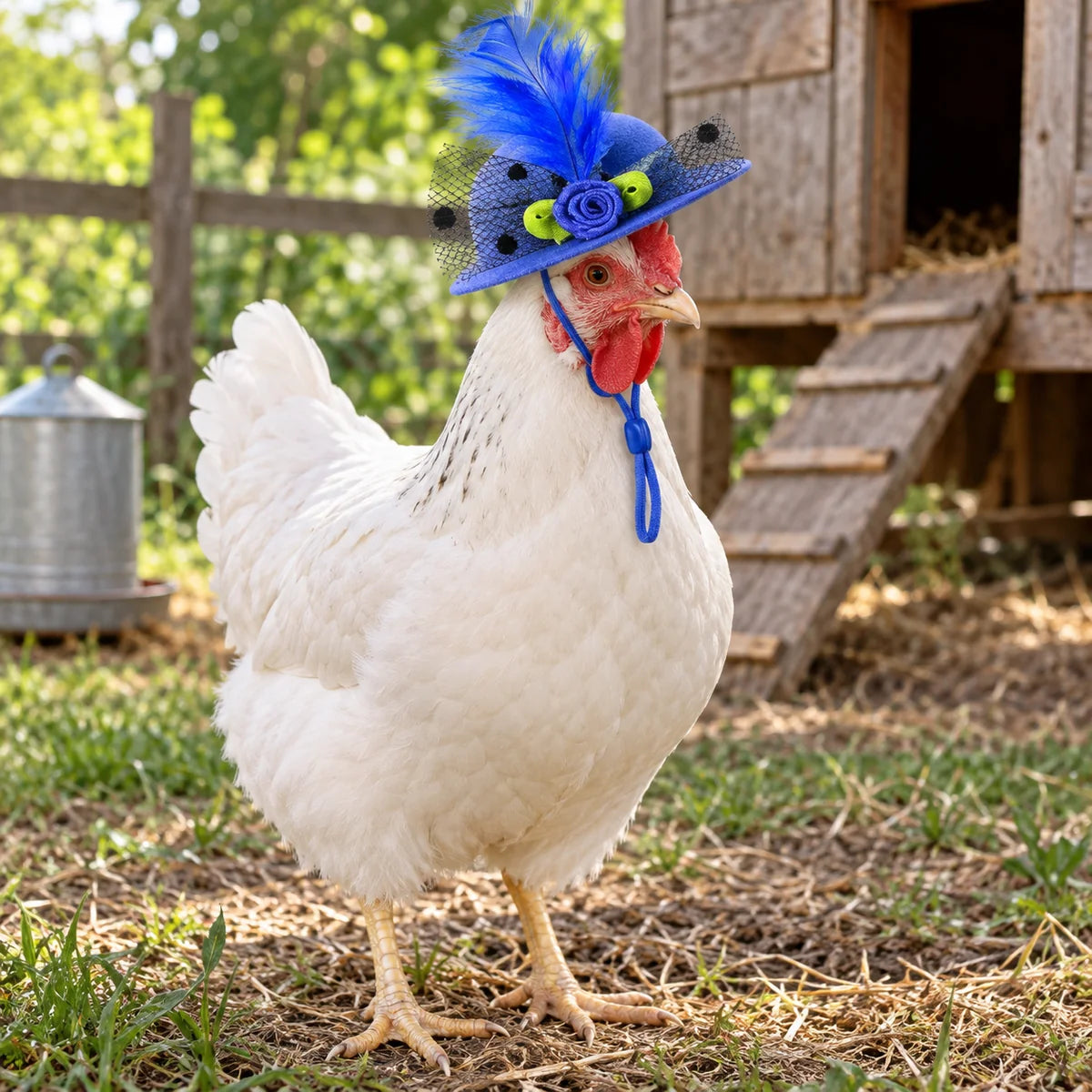 White chicken wearing the blue Fancy Chicken Hat beside a backyard coop