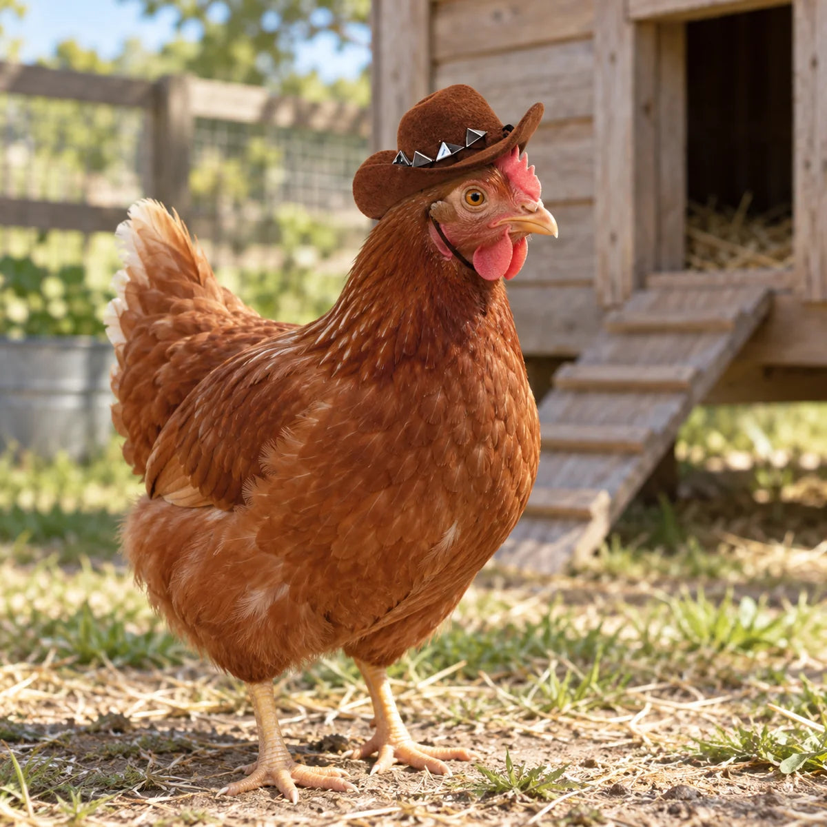 Brown chicken wearing the studded brown Chicken Cowboy Hat beside a coop