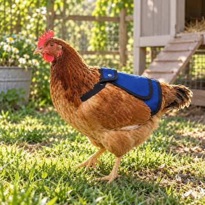 Hen wearing the plain blue Rugged Ranch chicken saddle outdoors