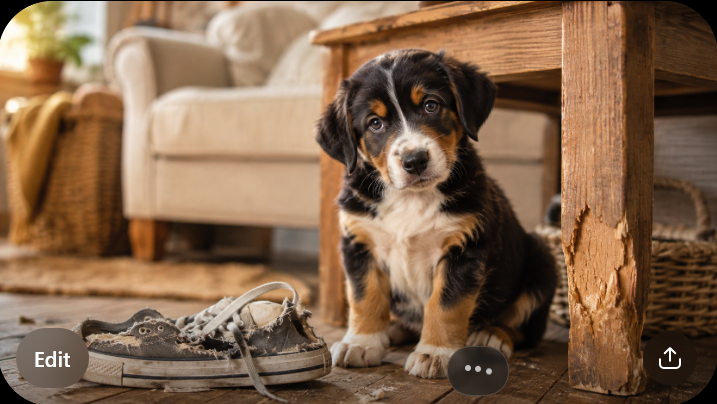 Curious puppy sitting next to a chewed sneaker and chewed table leg in a cozy living room