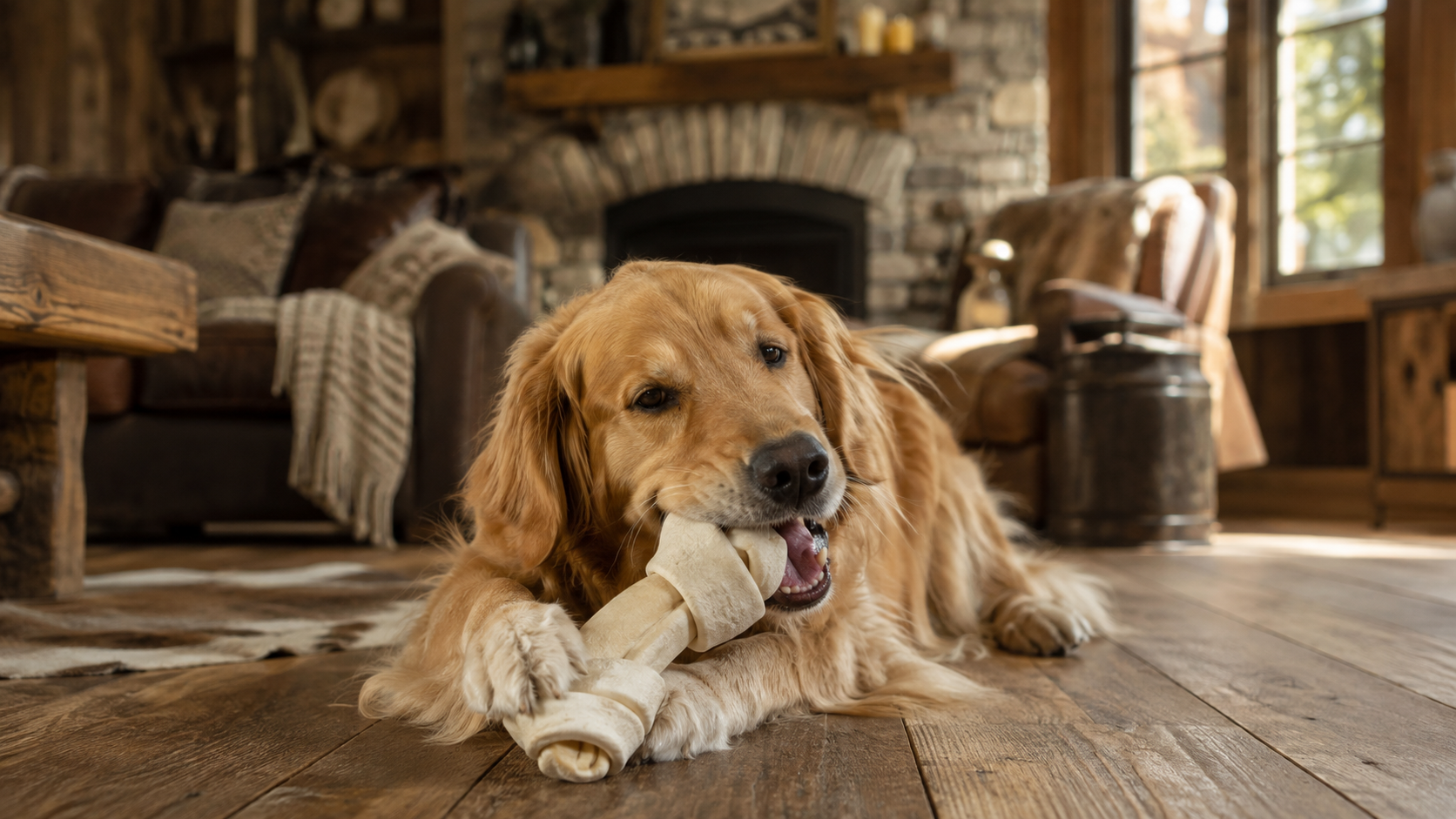 Golden retriever happily chewing a thick knotted rawhide dog bone in a cozy rustic living room