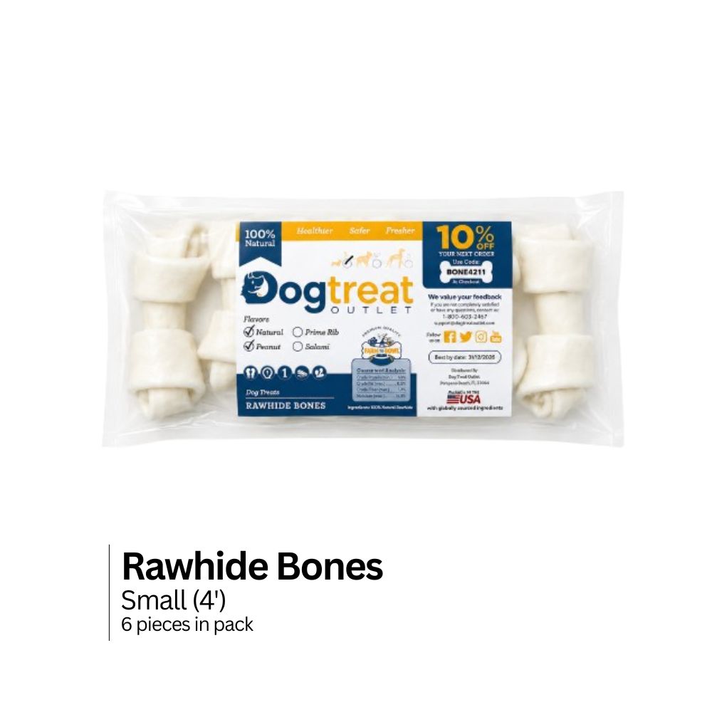 Rugged Ranch Small Dog Rawhide Bones Bulk Pack of 6, natural rawhide protein treat knot bones, detail