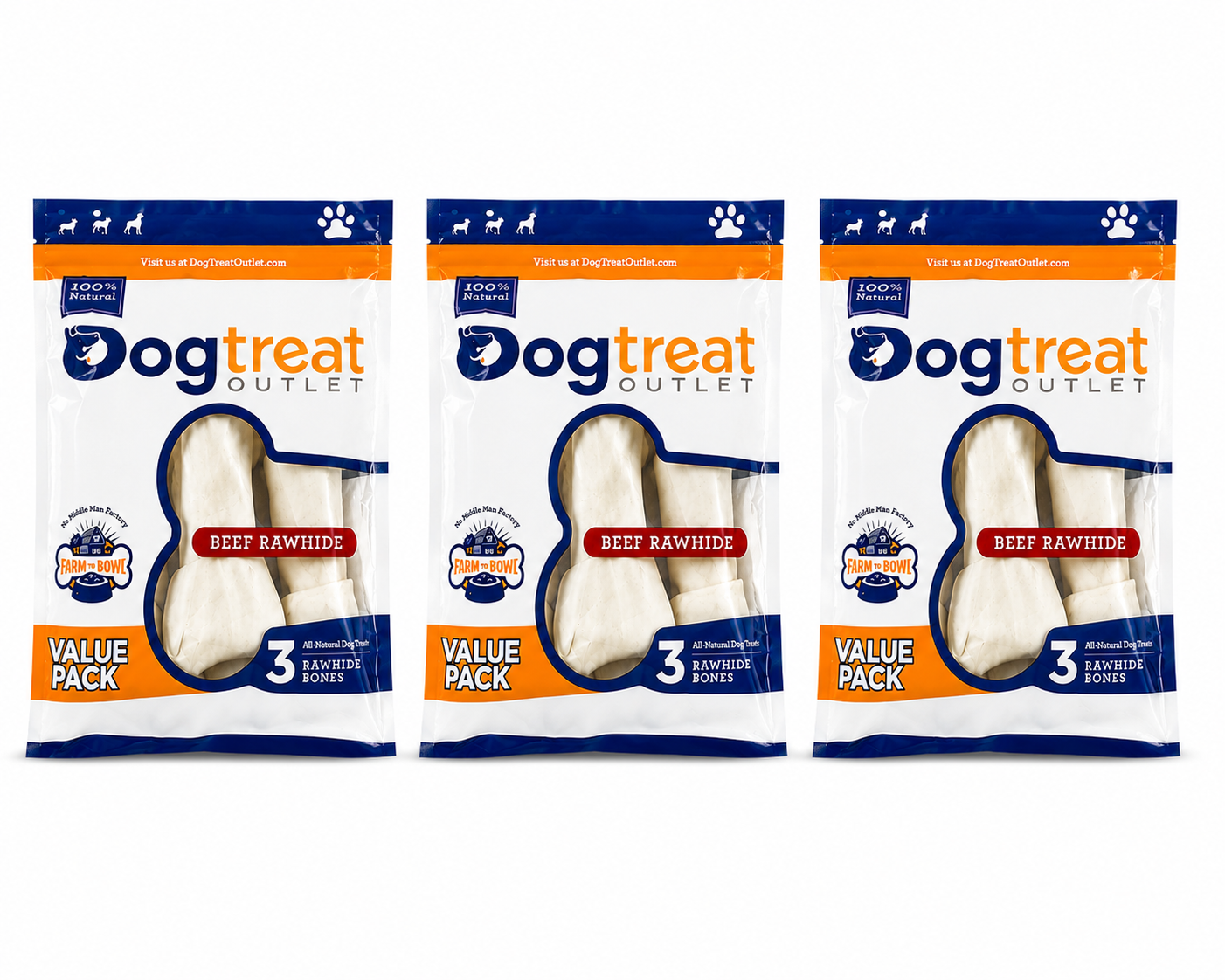 Pack of 3 Dog Rawhide Bones Natural Rawhide Protein Treats Knot Bone Chews