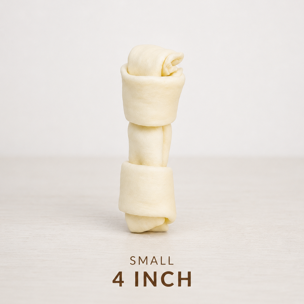 Rugged Ranch Small Dog Rawhide Bones Bulk Pack of 6, natural rawhide protein treat knot bones, in use