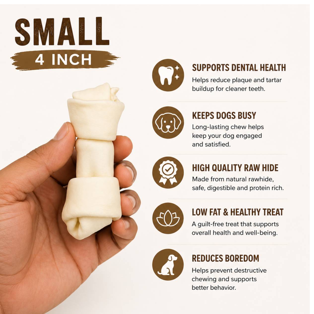 Rugged Ranch Small Dog Rawhide Bones Bulk Pack of 6, natural rawhide protein treat knot bones, size chart