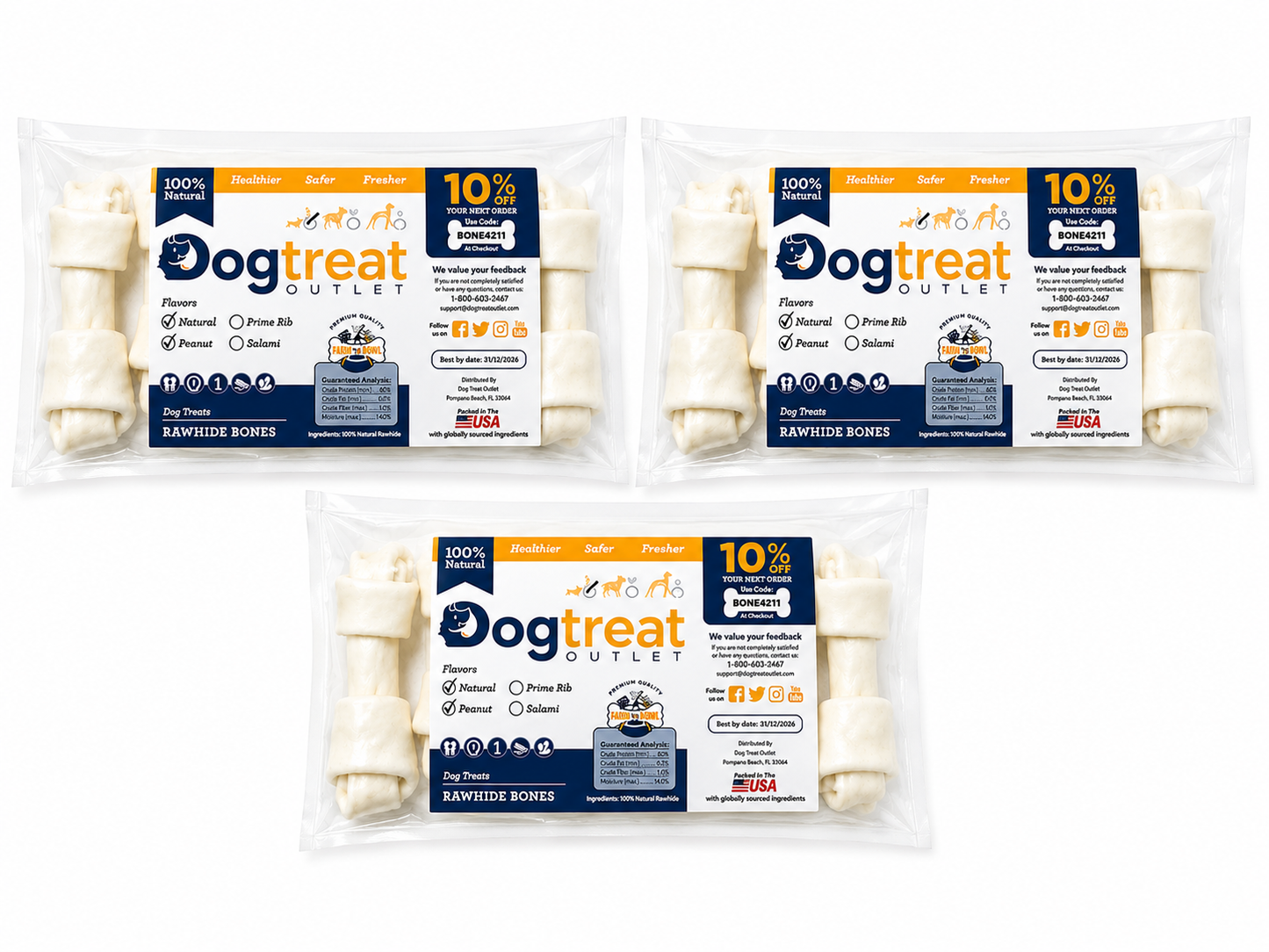 Pack of 3 Small Dog Rawhide Bones Bulk Pack of 6 Natural Rawhide Protein Treats Knot Bones