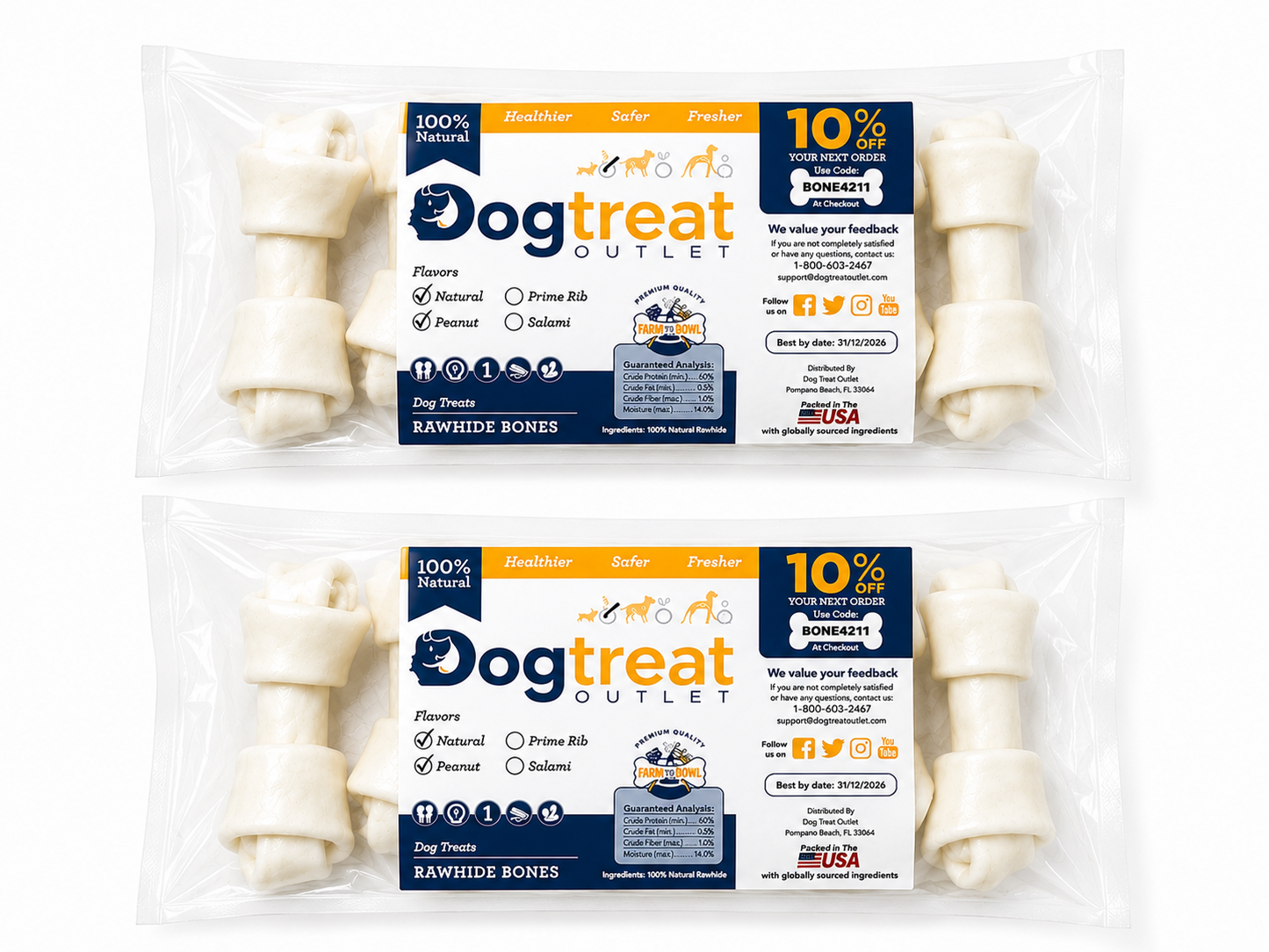Pack of 2 Small Dog Rawhide Bones Bulk Pack of 6 Natural Rawhide Protein Treats Knot Bones