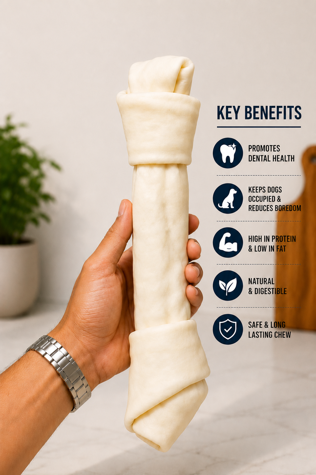 Rugged Ranch large knotted rawhide dog bone for dogs 55+ lb, hand for scale