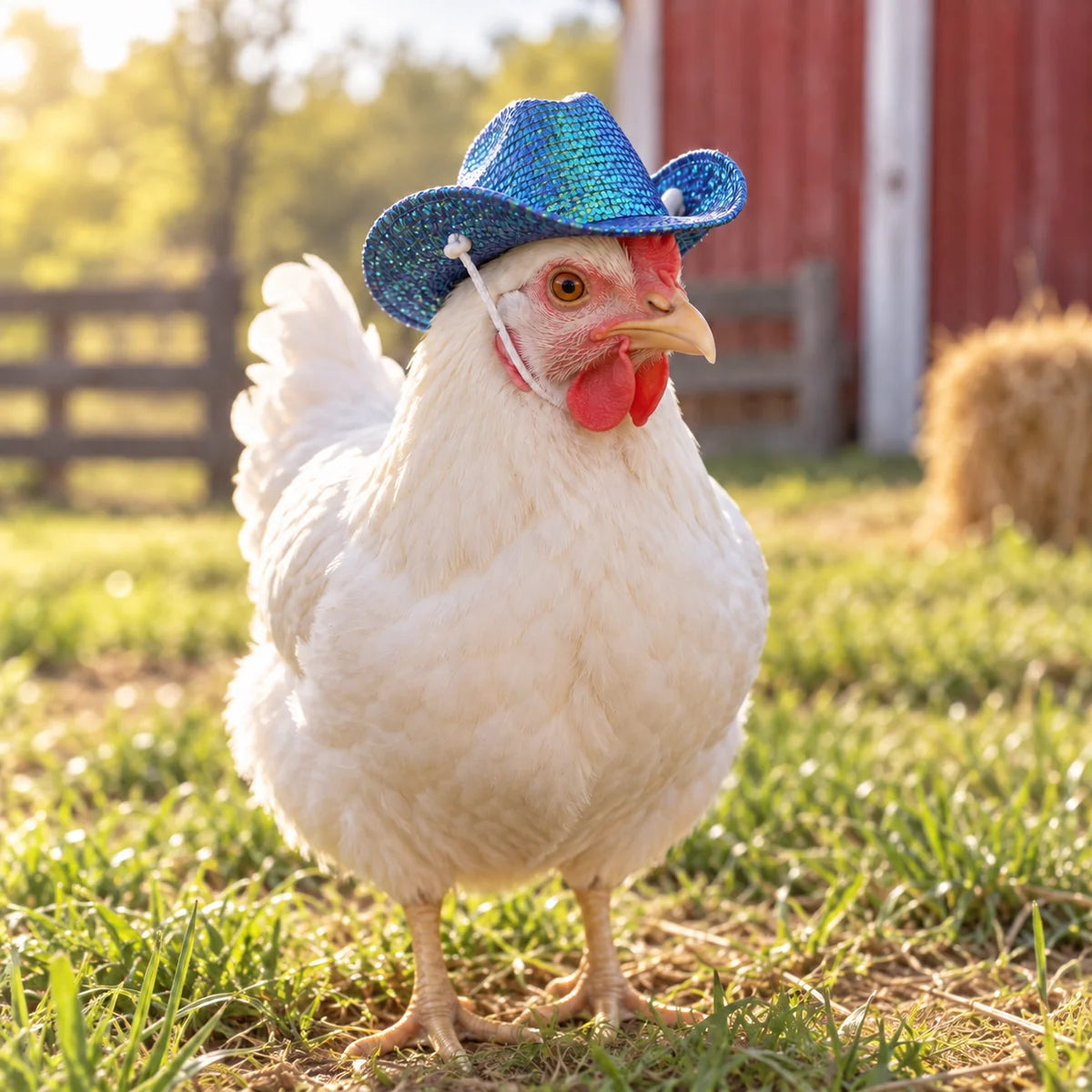White chicken wearing the blue Chicken Cowboy Hat outdoors beside a coop