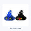 One blue and one black Fancy Chicken Hat with feathers, dotted mesh, and flower details