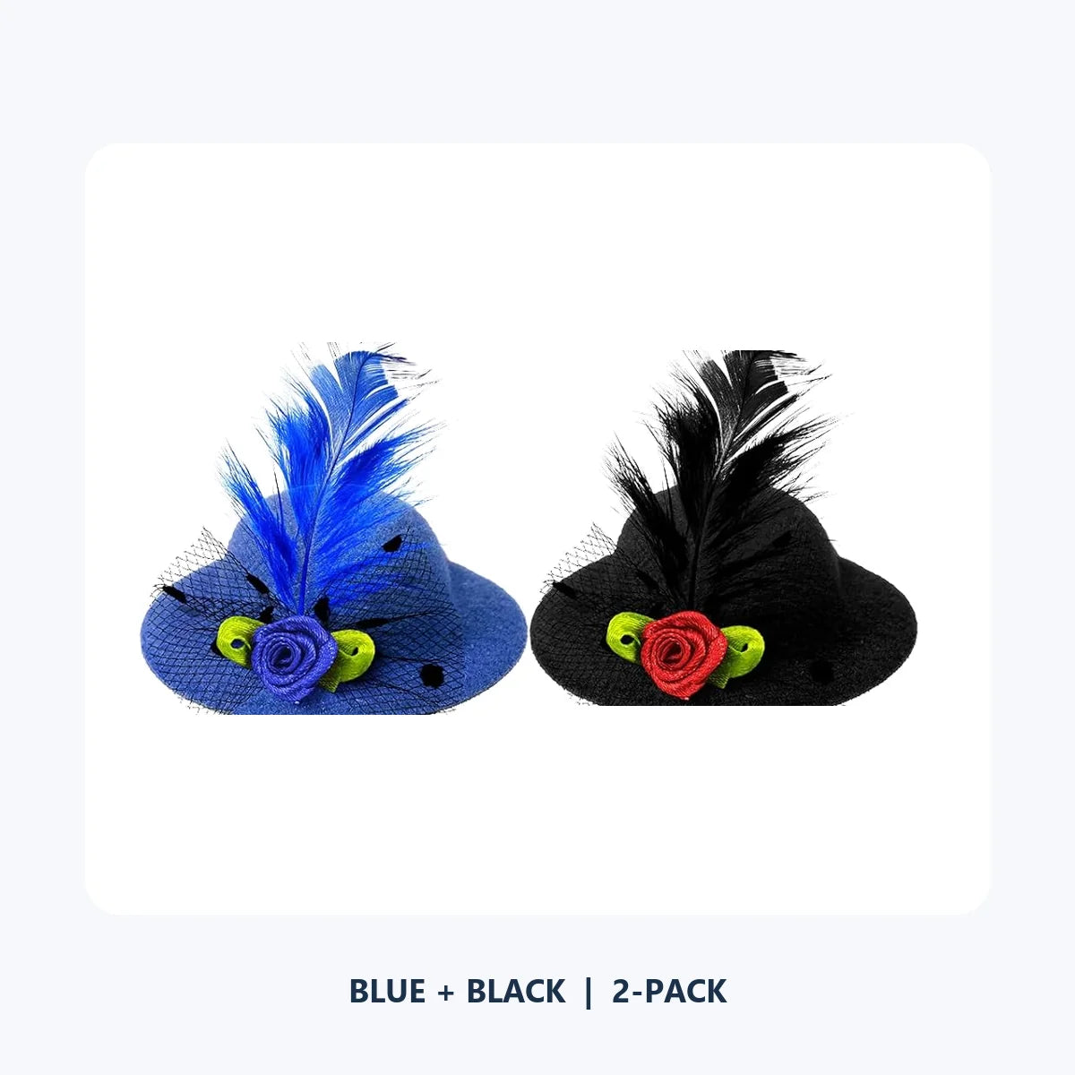 One blue and one black Fancy Chicken Hat with feathers, dotted mesh, and flower details