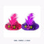 One pink and one purple Fancy Chicken Hat with feathers, dotted mesh, and flower details