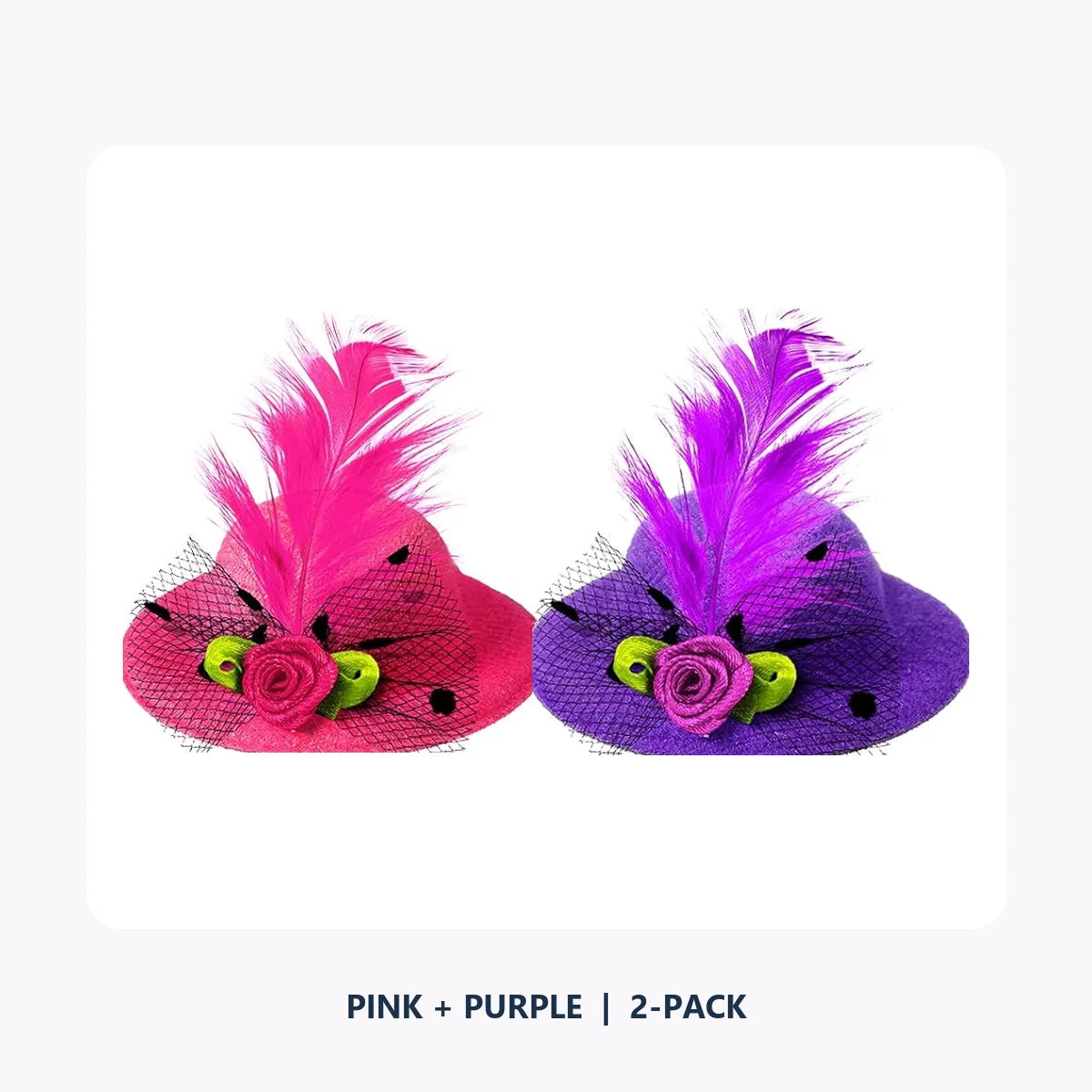 One pink and one purple Fancy Chicken Hat with feathers, dotted mesh, and flower details