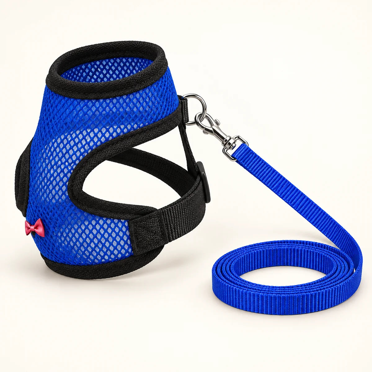 Blue mesh chicken harness with black trim and matching leash shown on a clean studio background