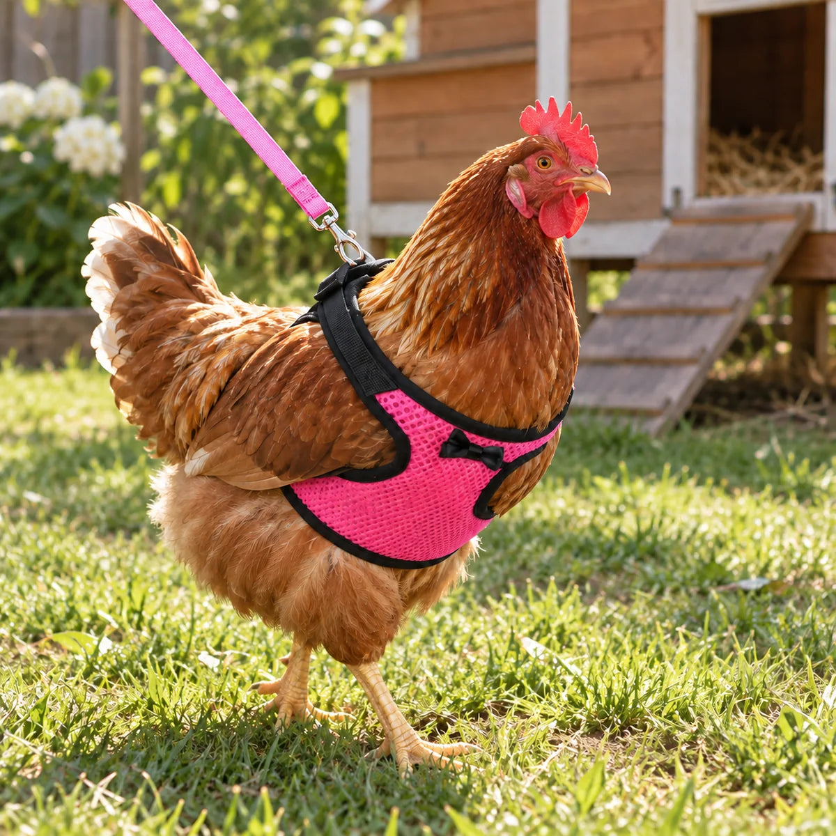 Chicken wearing a pink mesh chicken harness and leash during a supervised backyard walk