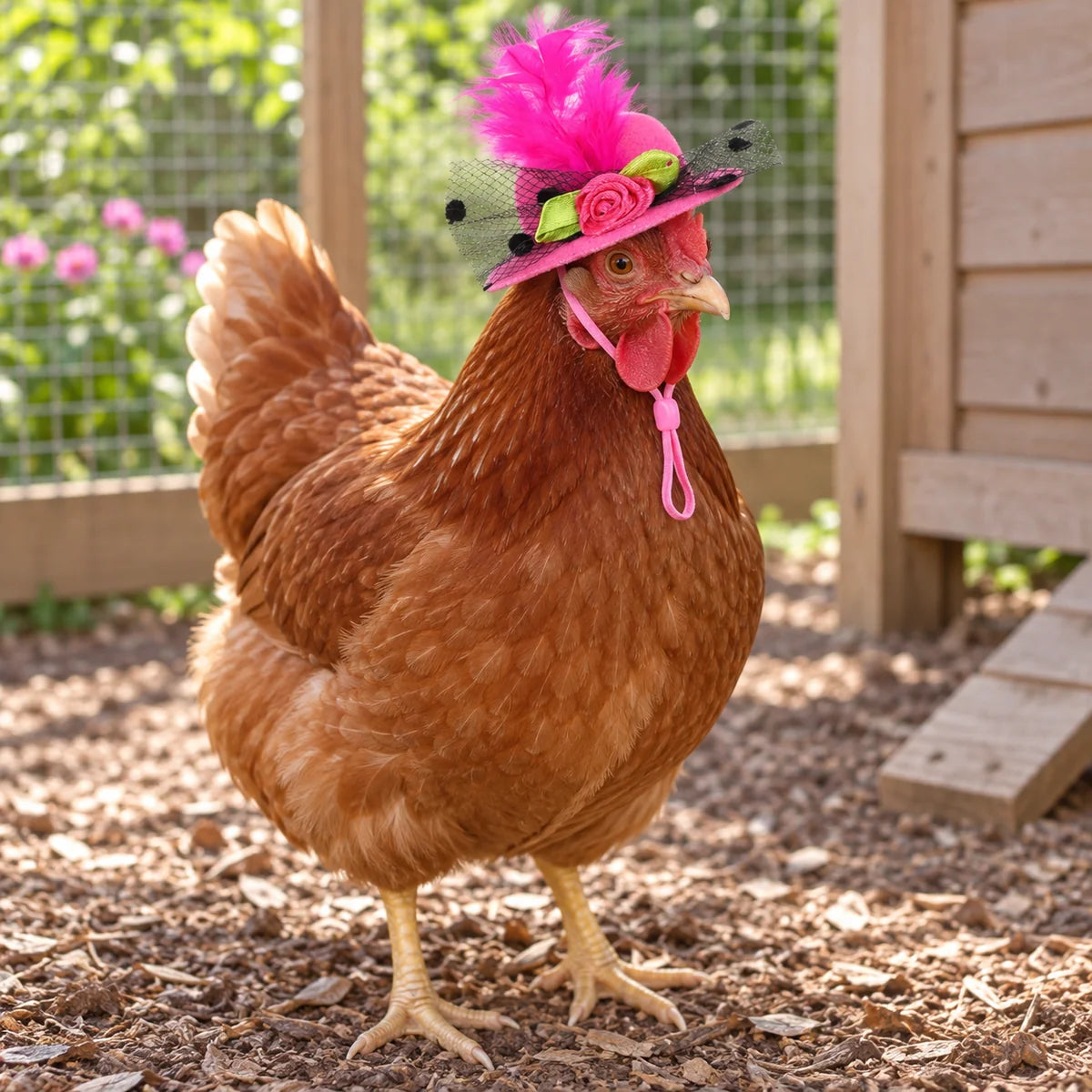 Brown chicken wearing the pink Fancy Chicken Hat beside a backyard coop