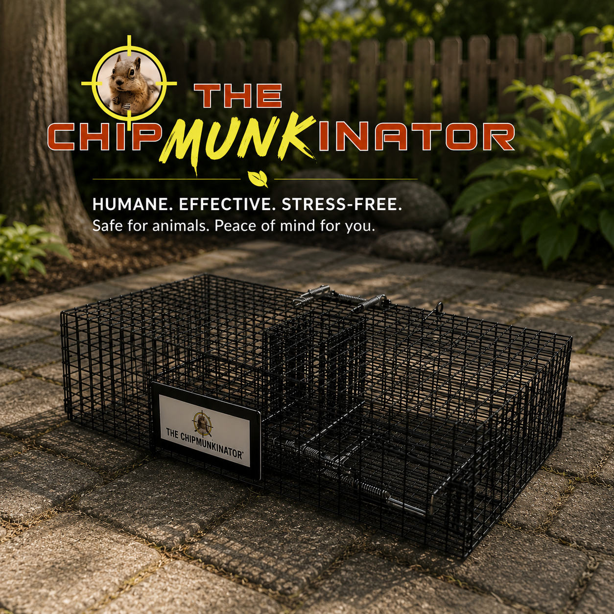 Black wire trap labeled 'The Chipmunkinator' on a stone surface with a natural background.