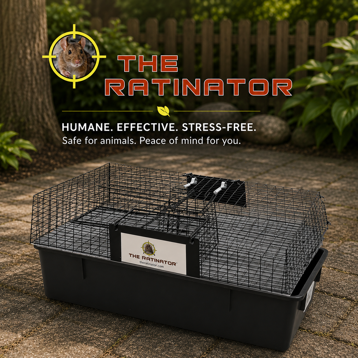 Rat trap labeled 'The Ratinator' with promotional text in an outdoor setting.