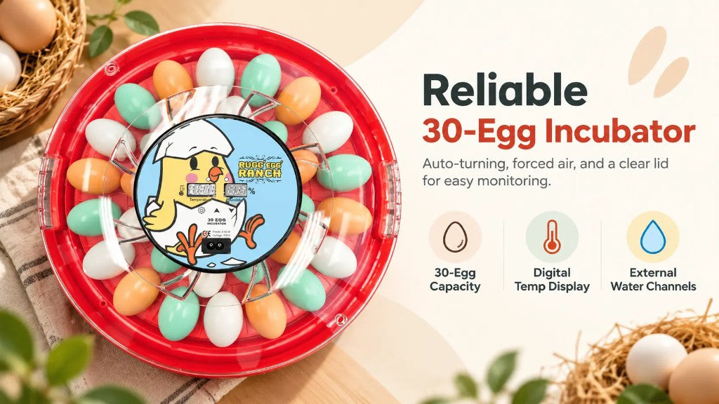 Reliable 30-egg incubator with auto-turning, digital temp display, and external water channels