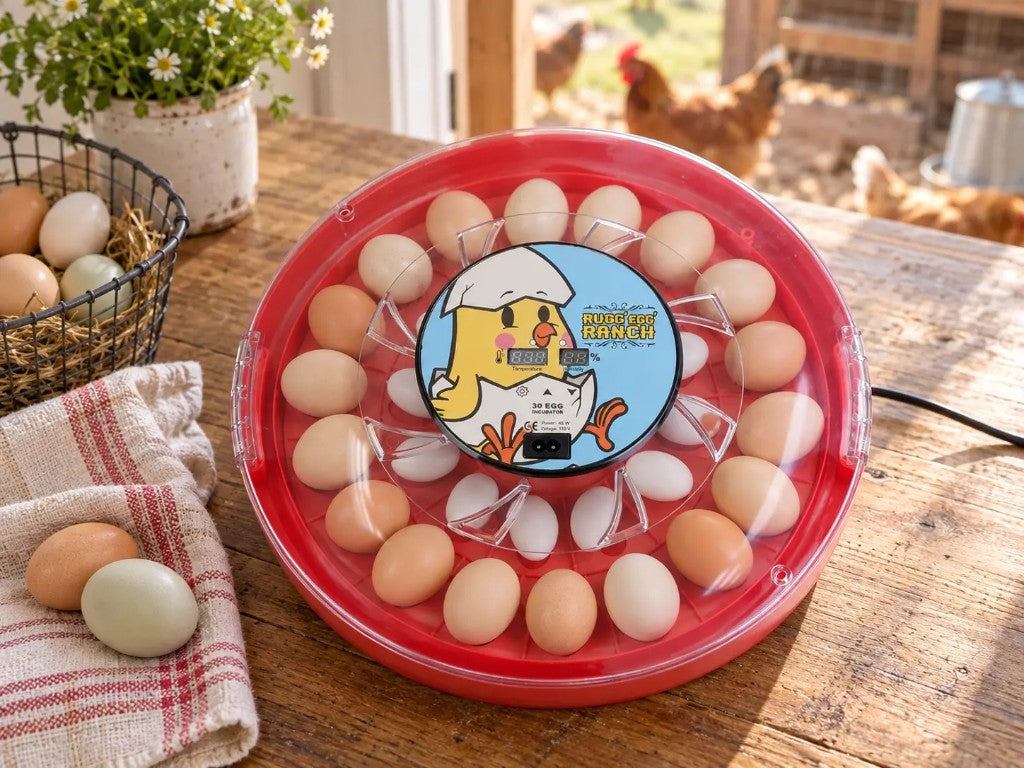 Rugg'EGG' Ranch 30 Egg Incubator Red on a farm table, loaded with eggs