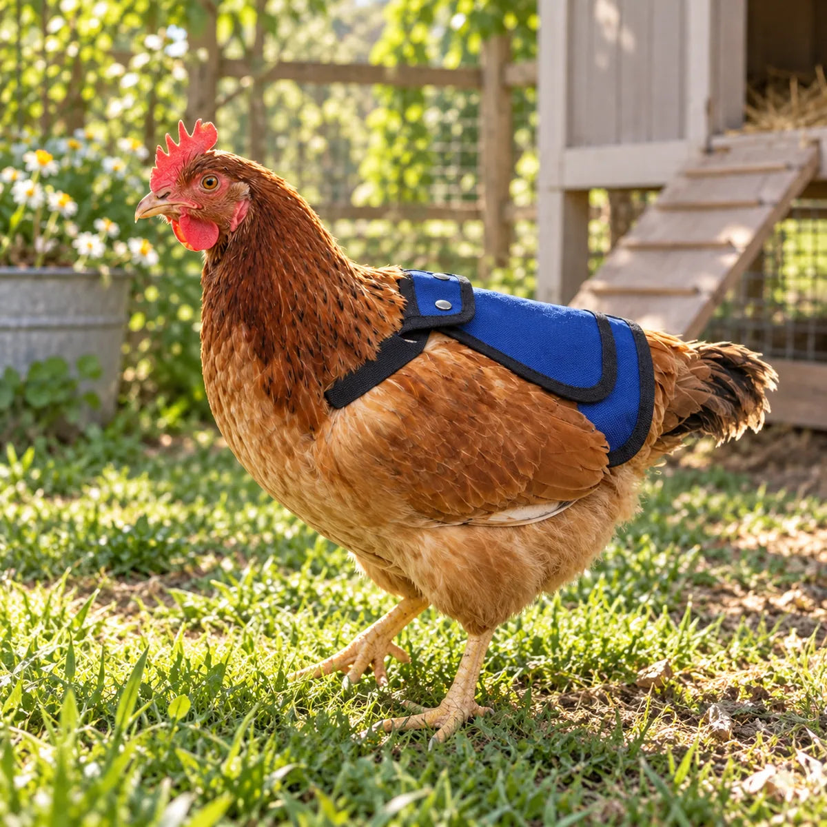 Hen wearing the plain blue Rugged Ranch chicken saddle outdoors