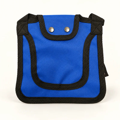 One plain blue Rugged Ranch chicken saddle with black edging and two metal snaps on a clean background