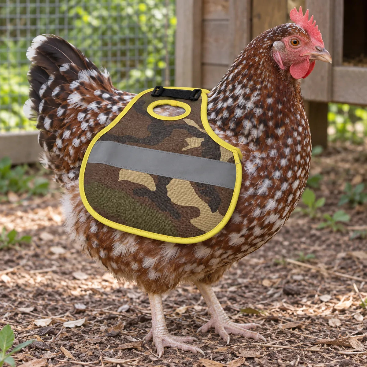 Speckled hen wearing one Rugged Ranch camo comfort saddle with yellow trim