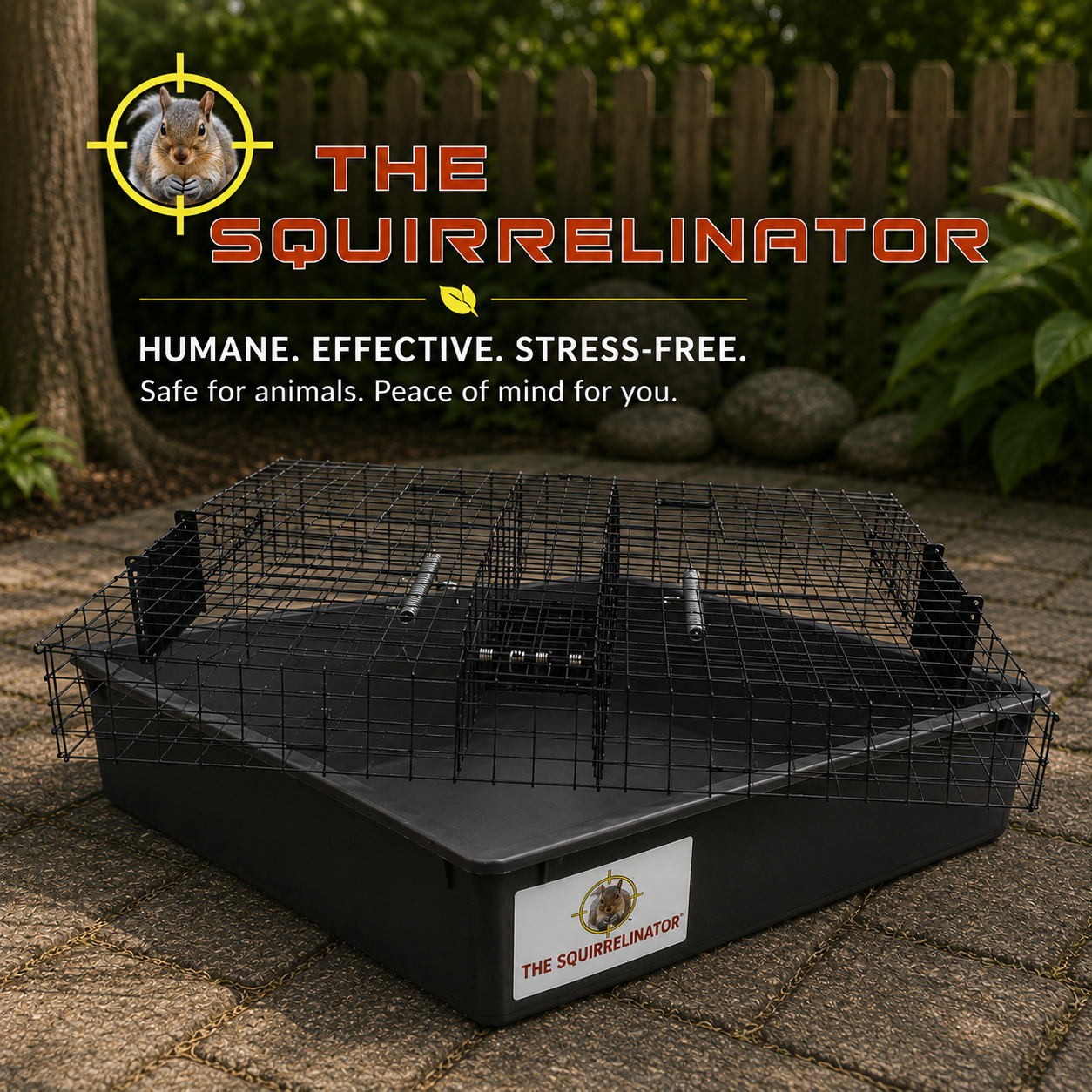 Squirrel control device labeled 'The Squirrelinator' on a garden background.