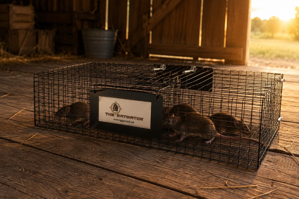 Live rats caught in a Ratinator on a barn floor