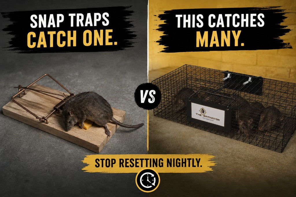 Snap trap with one rat versus a Ratinator cage holding several live rats